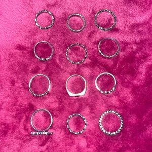 12 piece faux silver rings, multiple sizes